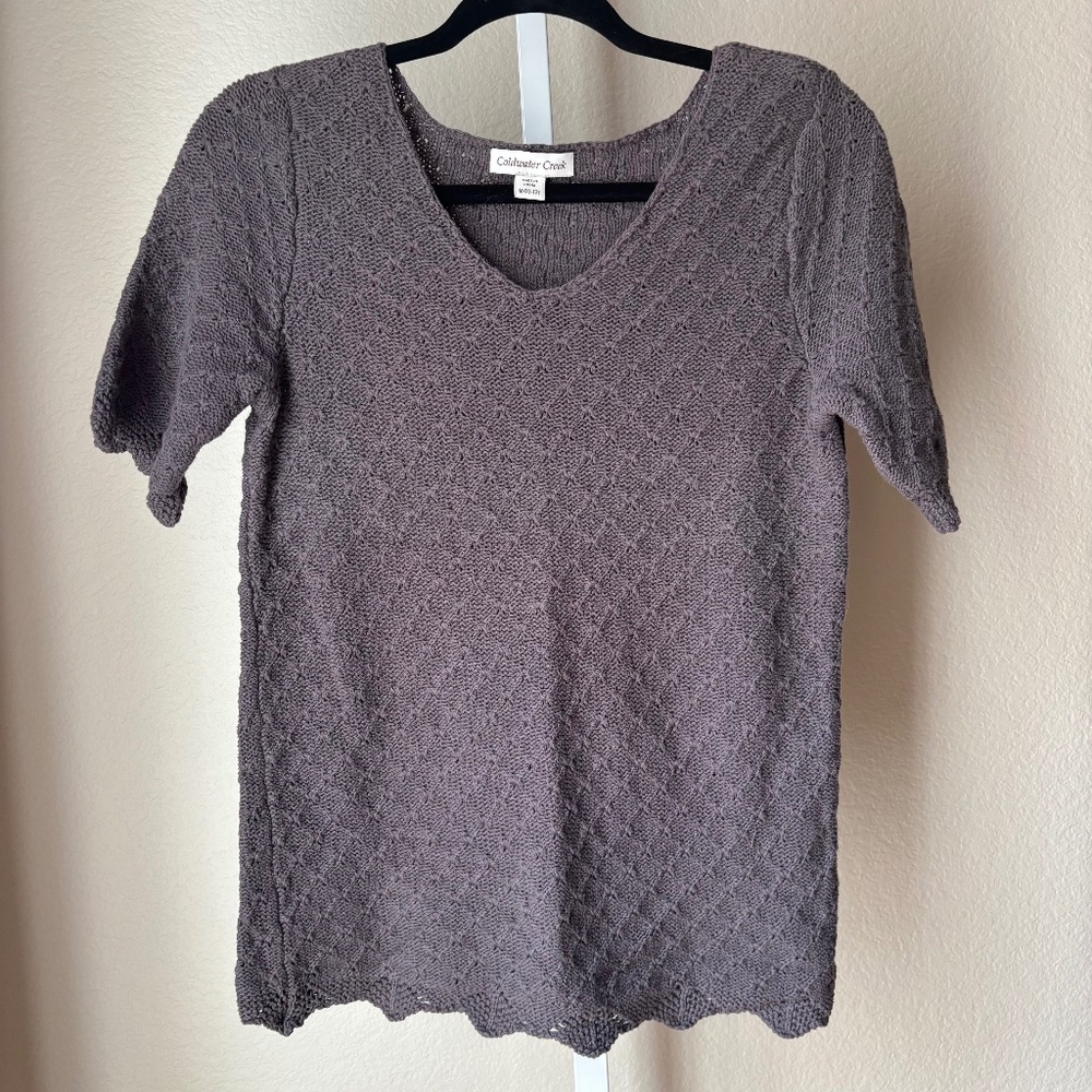 Vintage Coldwater Creek Gray Knit Scalloped Edges V Neck